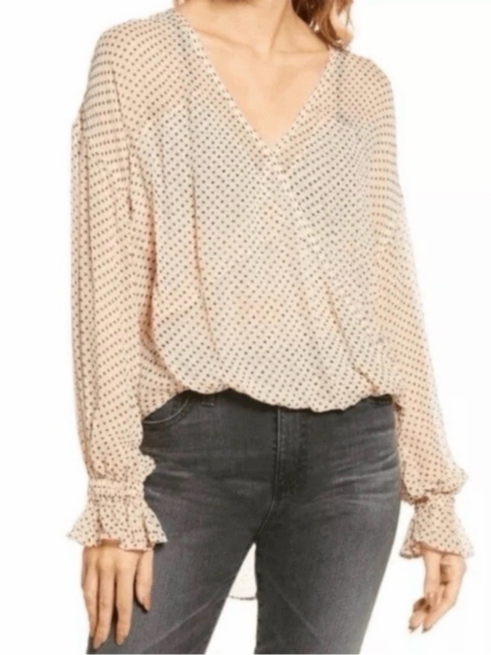 All Saints Pink And Black Polka Dot Asymmetrical Sheer Blouse UK 14 US 10 EU 42